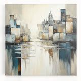 Abstract architectural wall art on stretched canvas, showcasing geometric shapes in a modern color palette of blues, grays, and whites, perfect for contemporary decor.