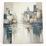 Abstract architecture wall art on stretched canvas featuring geometric shapes and vibrant colors, leaning against a wall, perfect for modern interior decor.