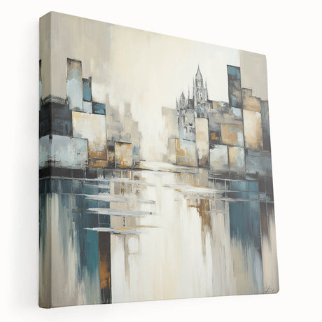 Abstract architecture wall art on stretched canvas, showcasing geometric patterns in vibrant colors with a sleek side view, ideal for modern home decor.