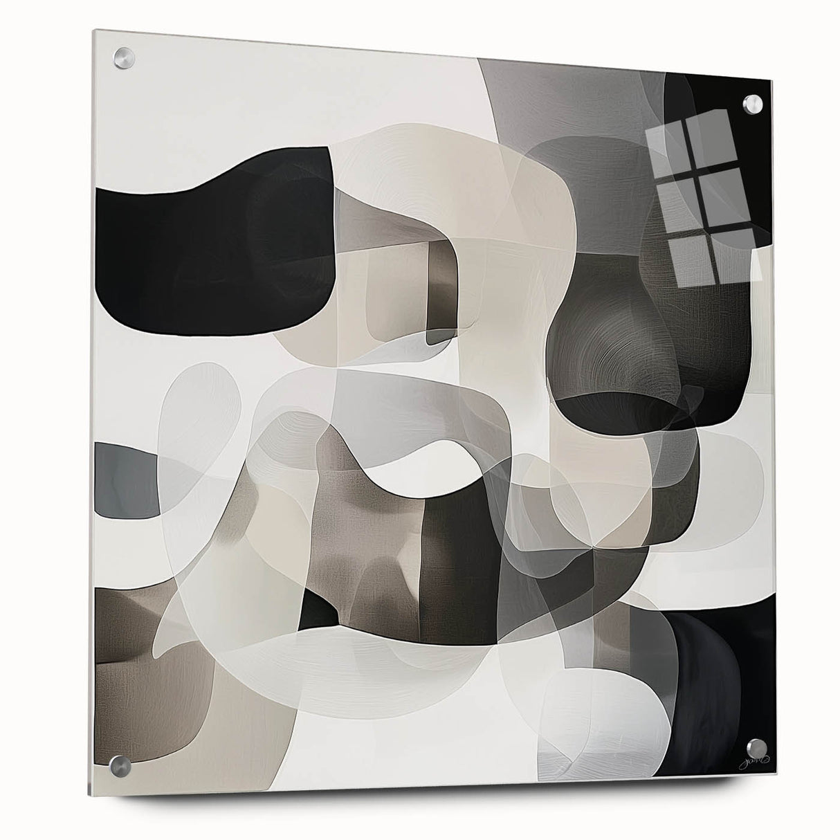 Abstract geometric acrylic glass art piece showcasing vibrant colors and intricate patterns, viewed from the side with decorative pins visible, ideal for modern decor.
