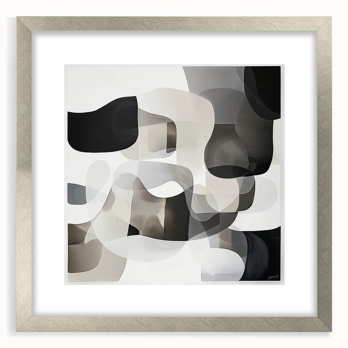 Abstract geometric frame in silver with a sleek mat, showcasing a modern design perfect for contemporary home decor. Ideal for art displays or photography.