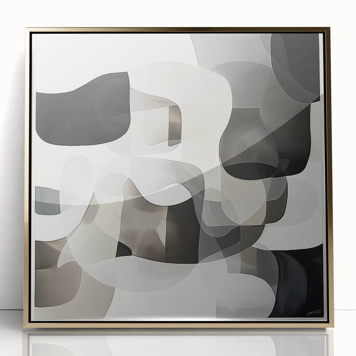 Framed acrylic artwork showcasing an abstract geometric design in gold and black, perfect for modern home decor. Ideal for enhancing contemporary interiors.