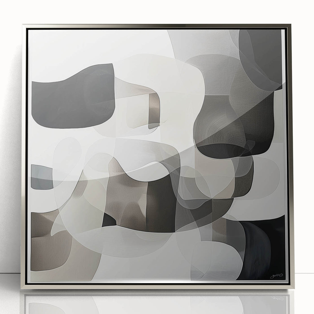 Framed abstract geometric acrylic artwork in silver, showcasing intricate shapes and modern design, perfect for enhancing contemporary home decor.