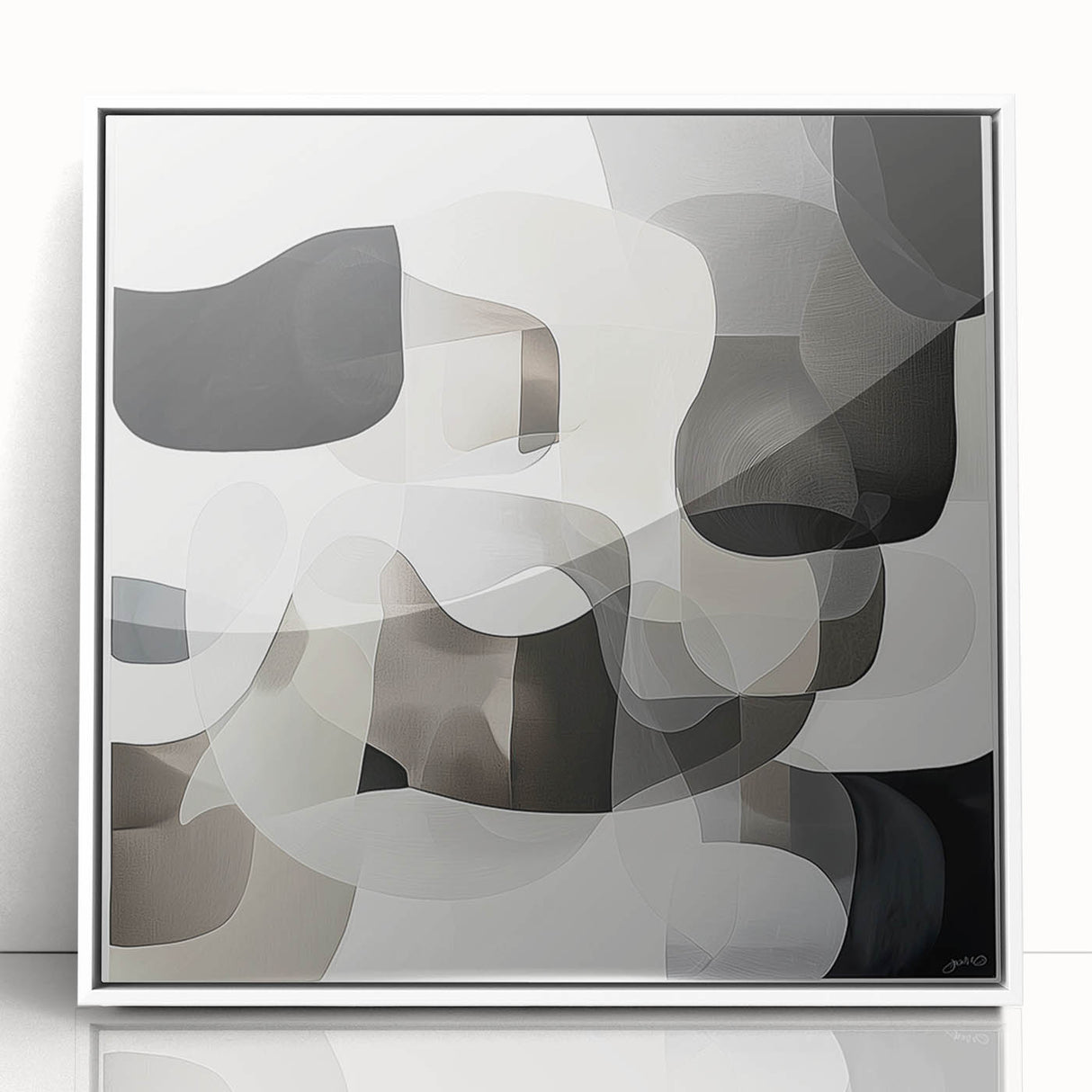 Framed abstract geometric acrylic wall art in white, showcasing intricate shapes and patterns, perfect for modern decor in living spaces or offices.