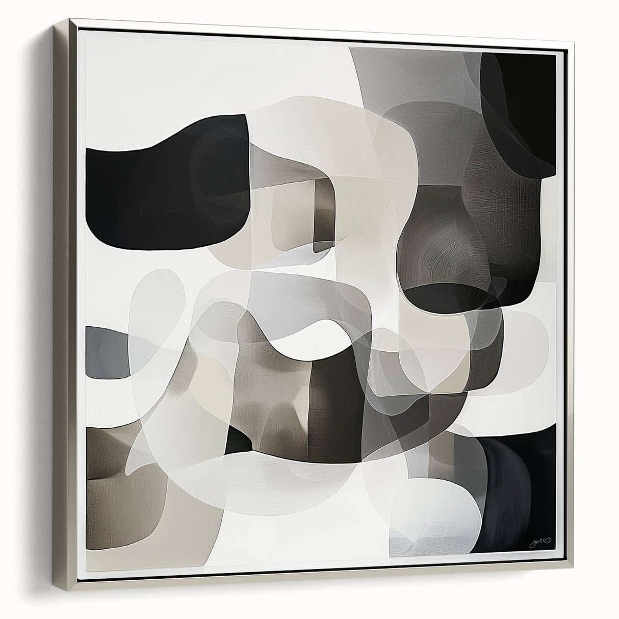 Abstract geometric canvas artwork framed in silver, showcasing a modern design with sharp angles and a sleek finish, ideal for contemporary decor.
