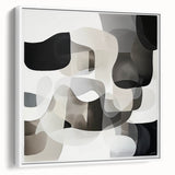 Framed geometric abstract canvas art in white tones, showcasing a modern design with clean lines and angles, perfect for contemporary home decor.