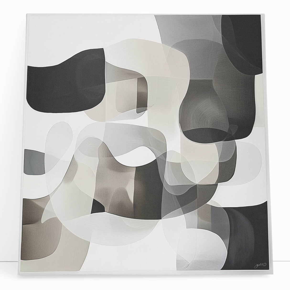 Abstract geometric stretched canvas artwork featuring vibrant colors and unique shapes, leaning against a modern wall. Ideal for contemporary home decor.