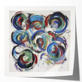 Colorful abstract splatter art print on glossy canvas, showcasing vibrant hues of blue, pink, and yellow, ideal for modern home décor and artistic displays.