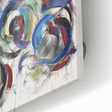 Colorful abstract splatter art on acrylic glass, showcasing vibrant hues and intricate textures. Ideal for modern decor or art enthusiasts seeking unique wall accents.