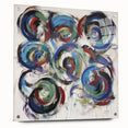 Abstract acrylic glass artwork featuring colorful splatters in a side view, showcasing its vibrant design and pin mounting for wall display. Perfect for modern decor.