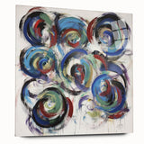 Abstract acrylic glass art showcasing vibrant splatters in various hues, displayed side view without pins, ideal for modern decor and artistic interiors.