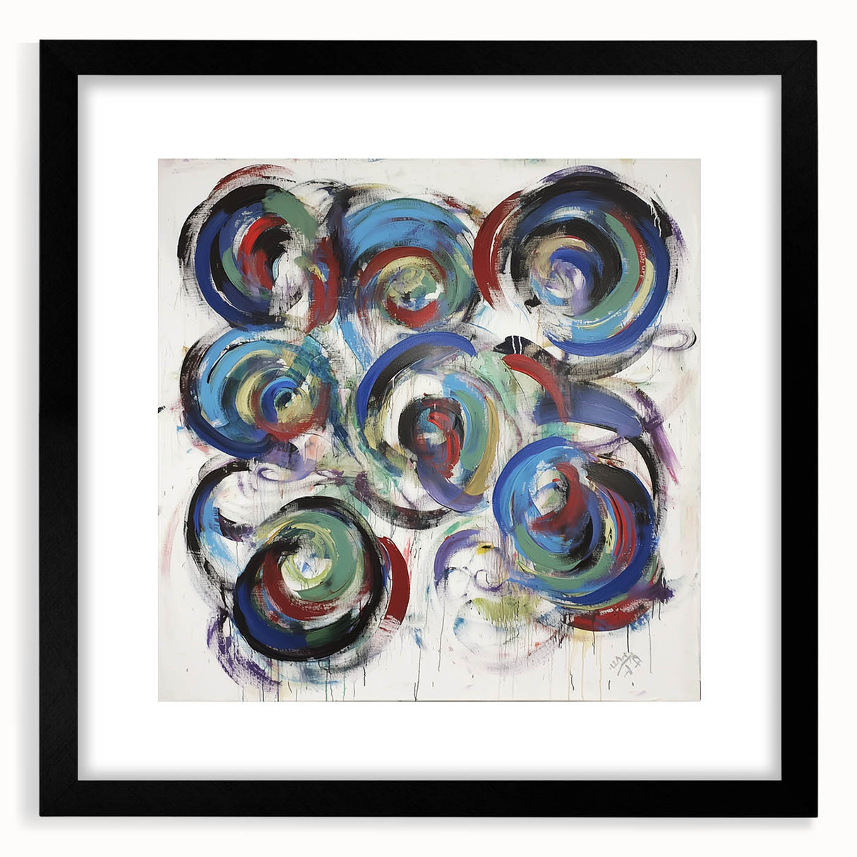 Abstract splatters frame with a black mat, showcasing vibrant paint splashes in various colors, ideal for modern decor and artistic displays.