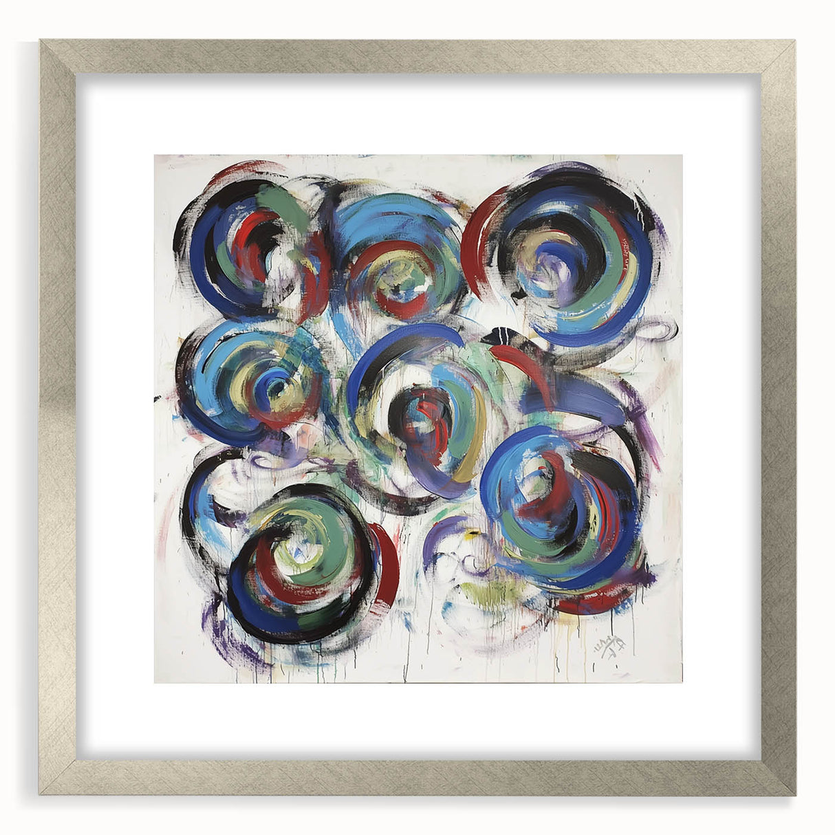 Abstract splatter frame with a silver mat, showcasing colorful paint splashes, ideal for modern home decor and art displays, enhancing any wall aesthetic.
