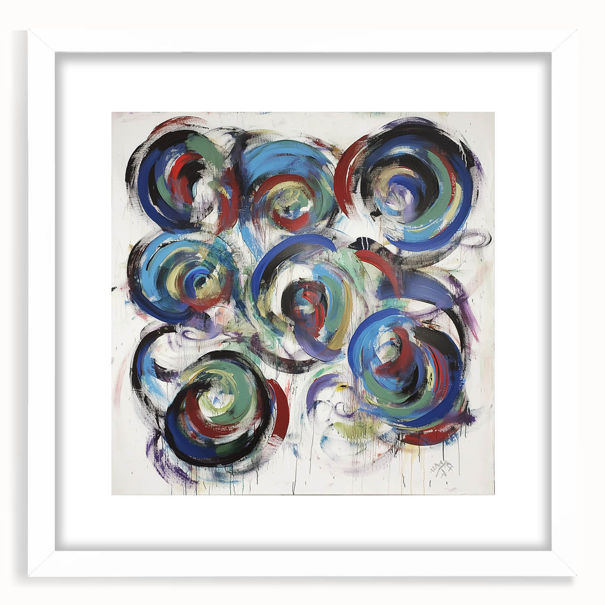 Abstract splatter art frame in white matting, showcasing vibrant paint splashes in blue, yellow, and red against a minimalist background, ideal for modern decor.