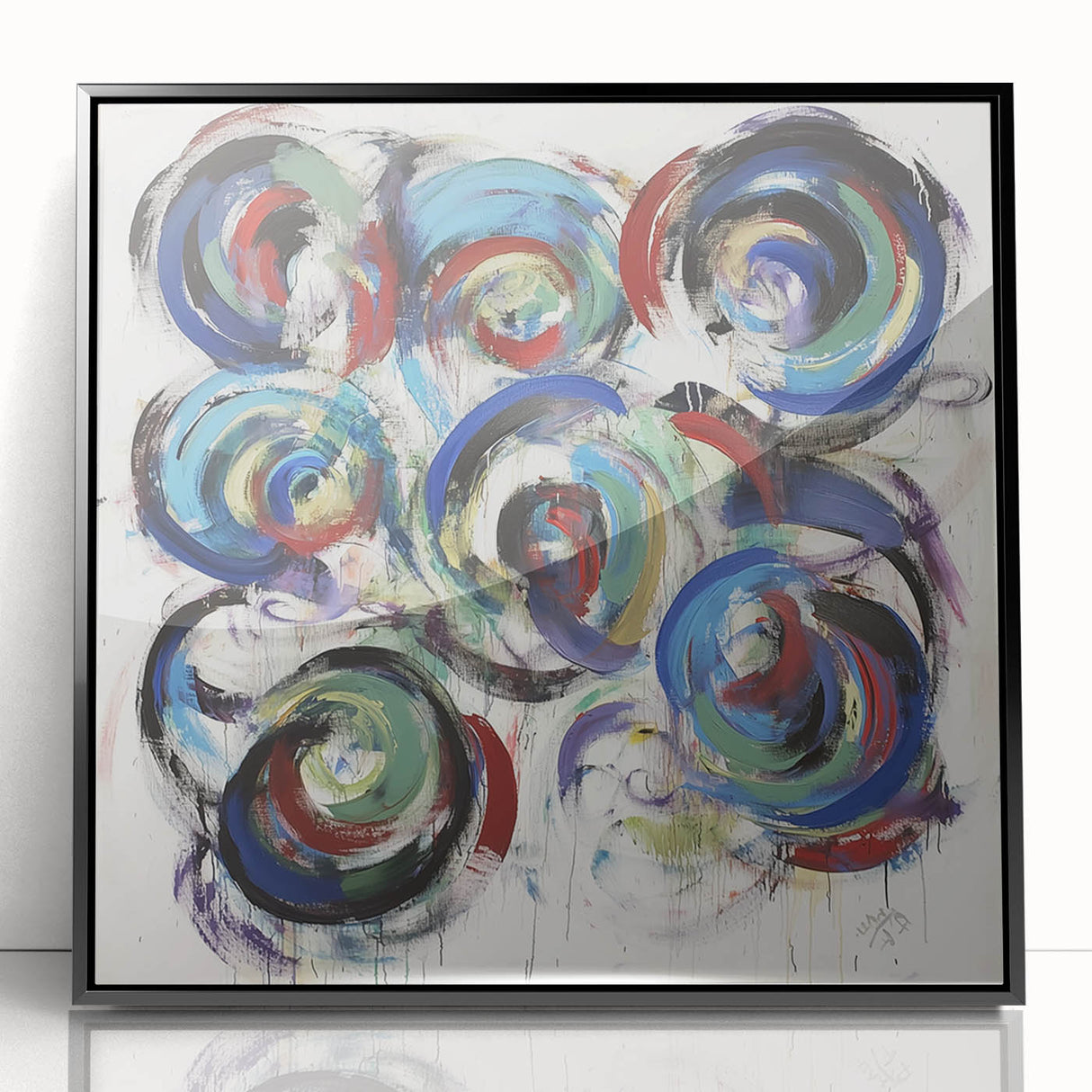 Framed abstract wall art featuring colorful splatter designs on a sleek black background, perfect for modern home decor. Ideal for adding a vibrant touch to any room.