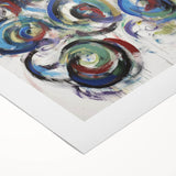 Abstract splatter design on rolled canvas showcasing vibrant colors and dynamic patterns, ideal for modern home decor. Packaged securely in a cardboard tube for safe delivery.