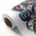 Abstract splatter artwork on rolled canvas showcasing vibrant blue, orange, and yellow colors, ideal for modern home decor, packaged securely in a cardboard tube for safe delivery.