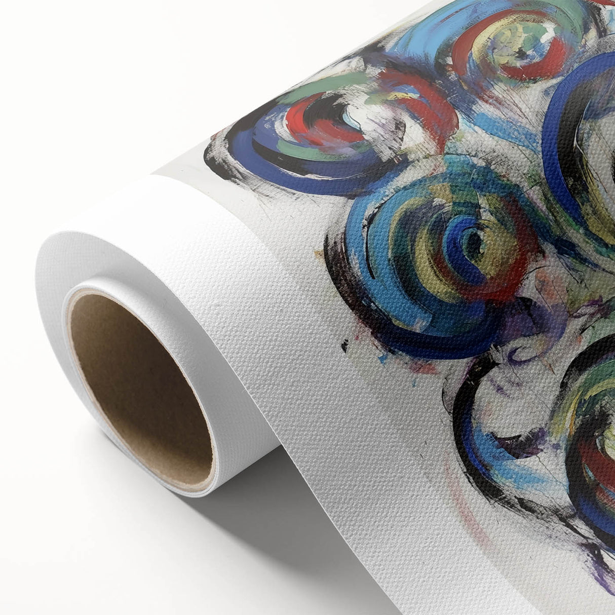 Abstract splatter artwork on rolled canvas showcasing vibrant blue, orange, and yellow colors, ideal for modern home decor, packaged securely in a cardboard tube for safe delivery.