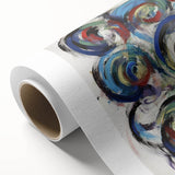 Abstract splatter artwork on rolled canvas showcasing vibrant blue, orange, and yellow colors, ideal for modern home decor, packaged securely in a cardboard tube for safe delivery.