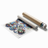 Abstract art print showcasing vibrant splatters of blue, orange, and yellow on a textured background, rolled and ready for display in a protective tube. Perfect for modern home decor.