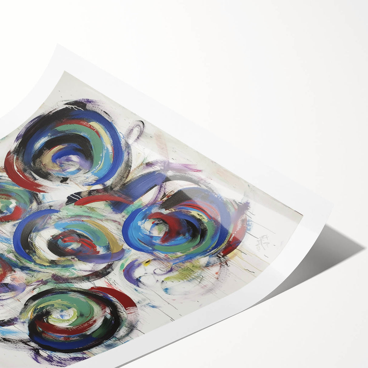 Abstract splatter art print on rolled canvas, showcasing vibrant colors and dynamic patterns, ideal for modern home decor or artistic displays. Packaged securely in a tube for delivery.