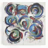Abstract splatter design on stretched canvas showcasing vibrant colors like blue, orange, and yellow, ideal for modern home decor or art enthusiasts.