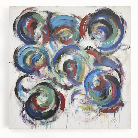 Abstract splatter design on stretched canvas showcasing vibrant colors like blue, orange, and yellow, ideal for modern home decor or art enthusiasts.