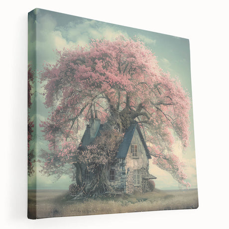 Large canvas print depicting a row of quaint cottages in muted earth tones, suitable for kitchen wall art.