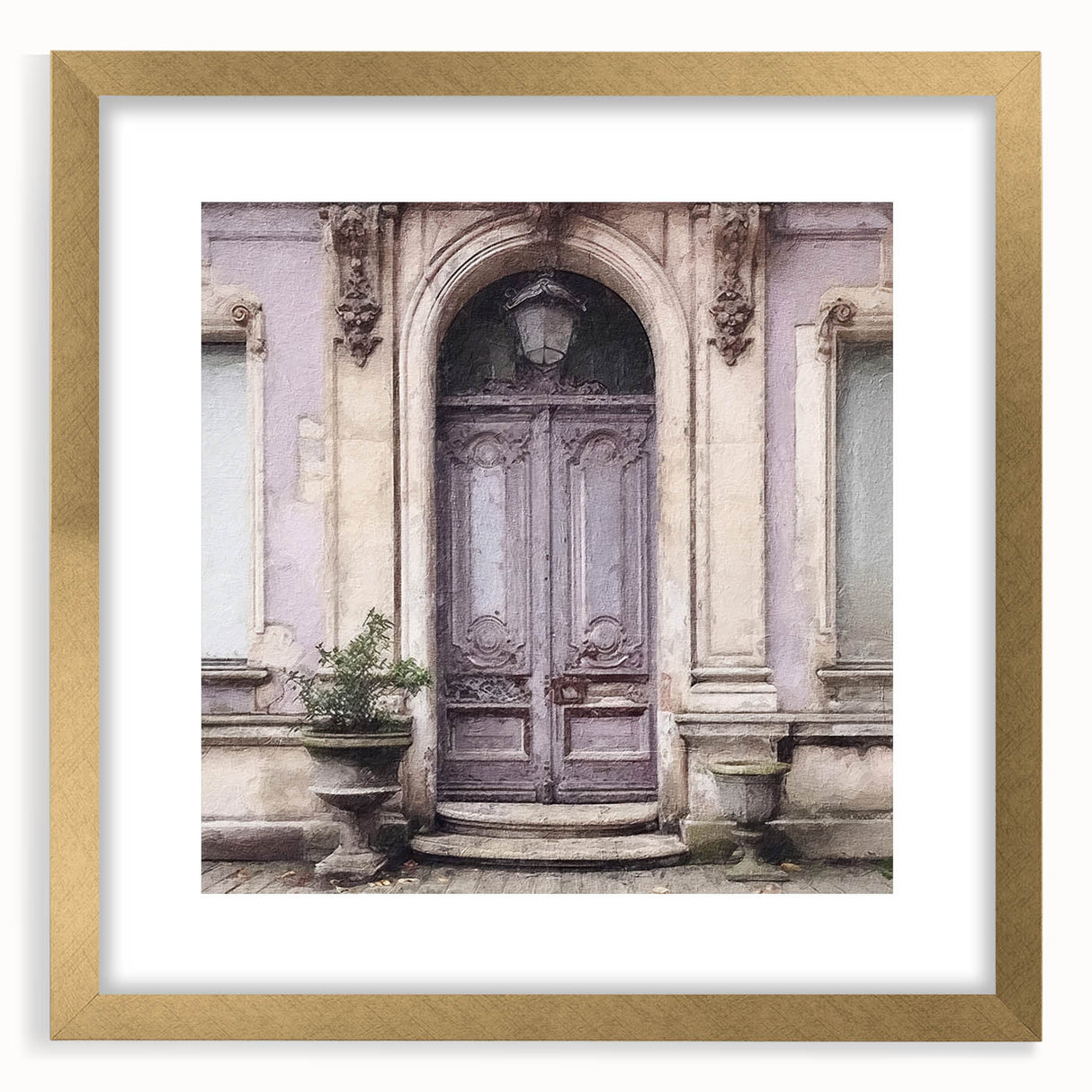 Extra large textured abstract art print featuring a gold-framed door design, suitable for living room decor.