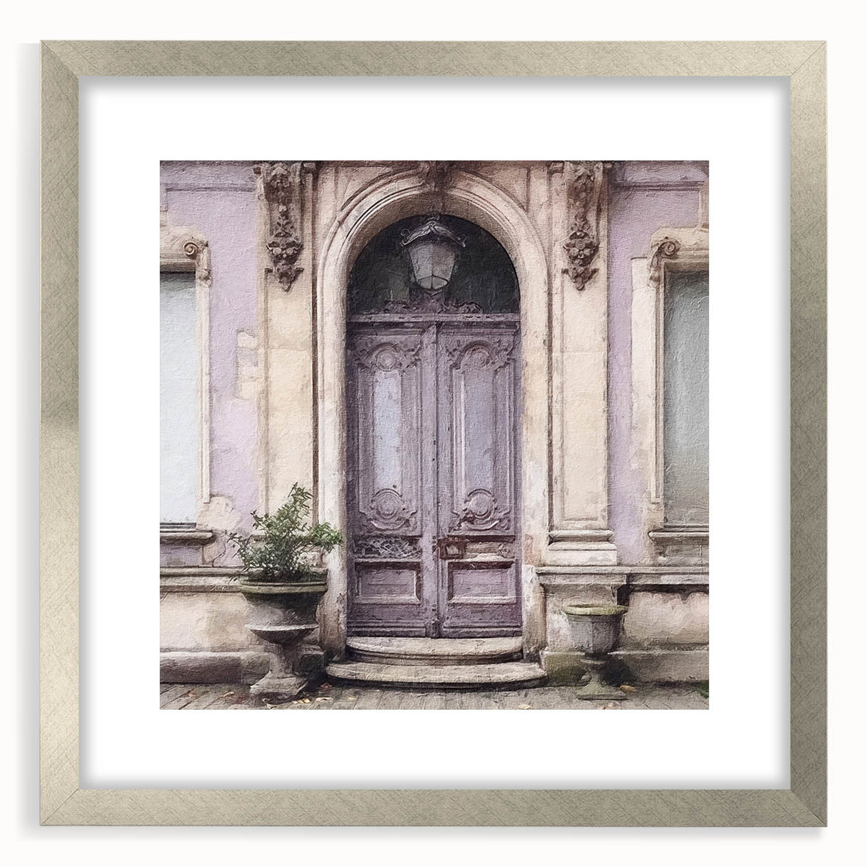 Textured abstract art print featuring a silver-framed depiction of a French door, ideal for bedroom wall decor.