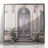 Mid-century modernist art featuring a French door design in silver tones on framed acrylic, ideal for nursery wall decor.