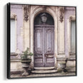 Black and white vintage poster art of a French door architecture on framed canvas, suitable for bedroom wall decor.