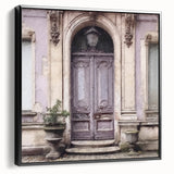Black and white vintage poster art of a French door architecture on framed canvas, suitable for bedroom wall decor.