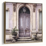 Framed canvas depicting a vintage French door design in black and gold tones, ideal for bedroom wall art.