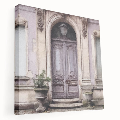 Large canvas print of a detailed French door in muted earth tones, suitable for kitchen wall art.
