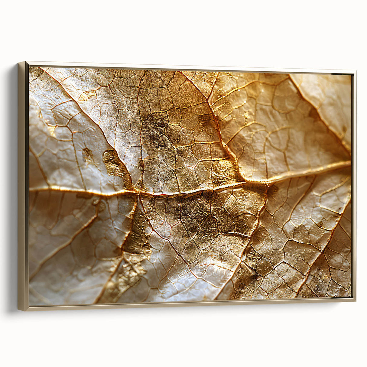 Framed canvas wall art showcasing a vibrant floral and botanical design, featuring gold accents and a stylish side view, perfect for modern home decor.
