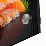 Large abstract wall art featuring assorted food dishes in vibrant colors on acrylic glass, suitable for dining room decor.