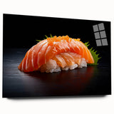 Large abstract wall art on acrylic glass featuring an assortment of food dishes in vibrant colors.