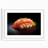 Abstract art print featuring assorted food dishes in pastel shades on a framed white mat, ideal for dining room decor.