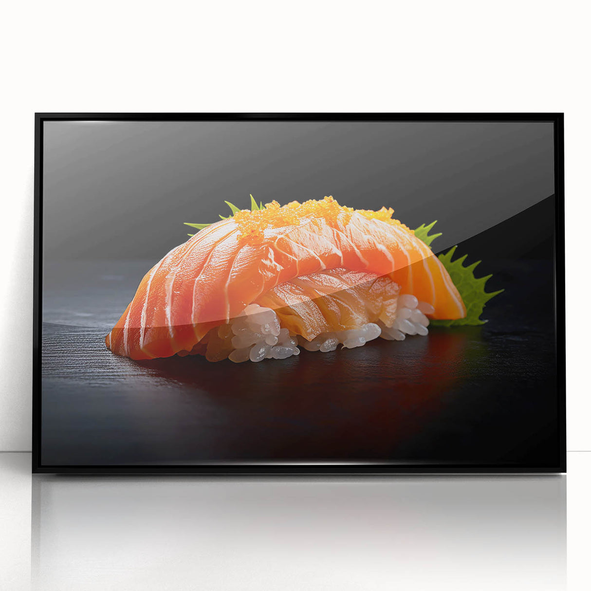 Large abstract wall art featuring assorted food dishes in mid-century modernist style, framed in black acrylic.