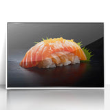 Acrylic print of assorted food dishes in a white frame, featuring art deco style, suitable for modern kitchen decor.