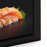Close-up of a black framed canvas featuring colorful, textured depictions of various food dishes.