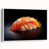 Framed canvas featuring vintage poster art of colorful food dishes on a black background, ideal for living room decor.