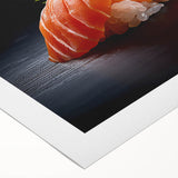 Art deco poster featuring an array of colorful food dishes on a rolled canvas, suitable for dining room decor.