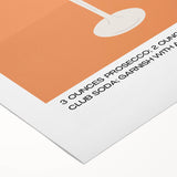 Art deco poster featuring a stylized cocktail glass, in bold black and golden tones on a rolled canvas.