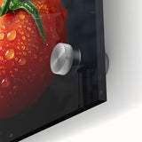 Close-up of large abstract wall art featuring assorted fruits in vibrant colors on acrylic glass.