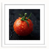 Abstract art print of assorted fruits in vibrant colors, framed with a white mat, ideal for dining room decor.