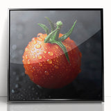 Large abstract wall art featuring colorful fruits in a mid-century modernist style, acrylic print framed in black.