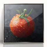 Mid-century modernist art depicting assorted fruits in vibrant colors on a silver-framed acrylic, ideal for nursery wall art.