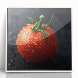 Art deco poster of assorted fruits in vibrant colors on white acrylic, framed, ideal for modern kitchen decor.